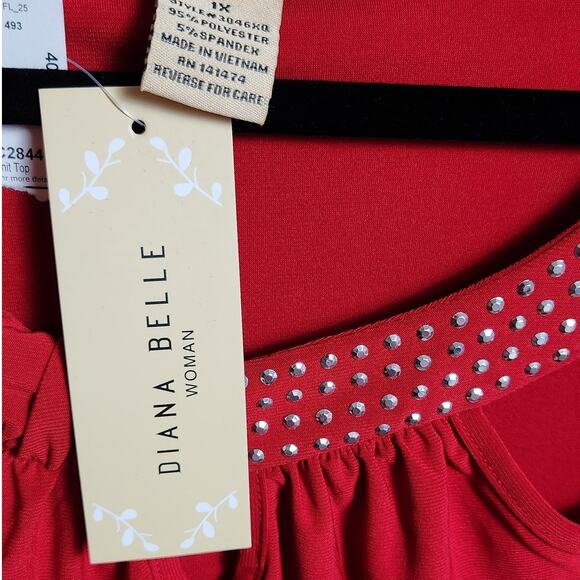 Diana Belle Woman Red Cut-Out Neck Studded Top – Size 1X NWT - Picture 7 of 7